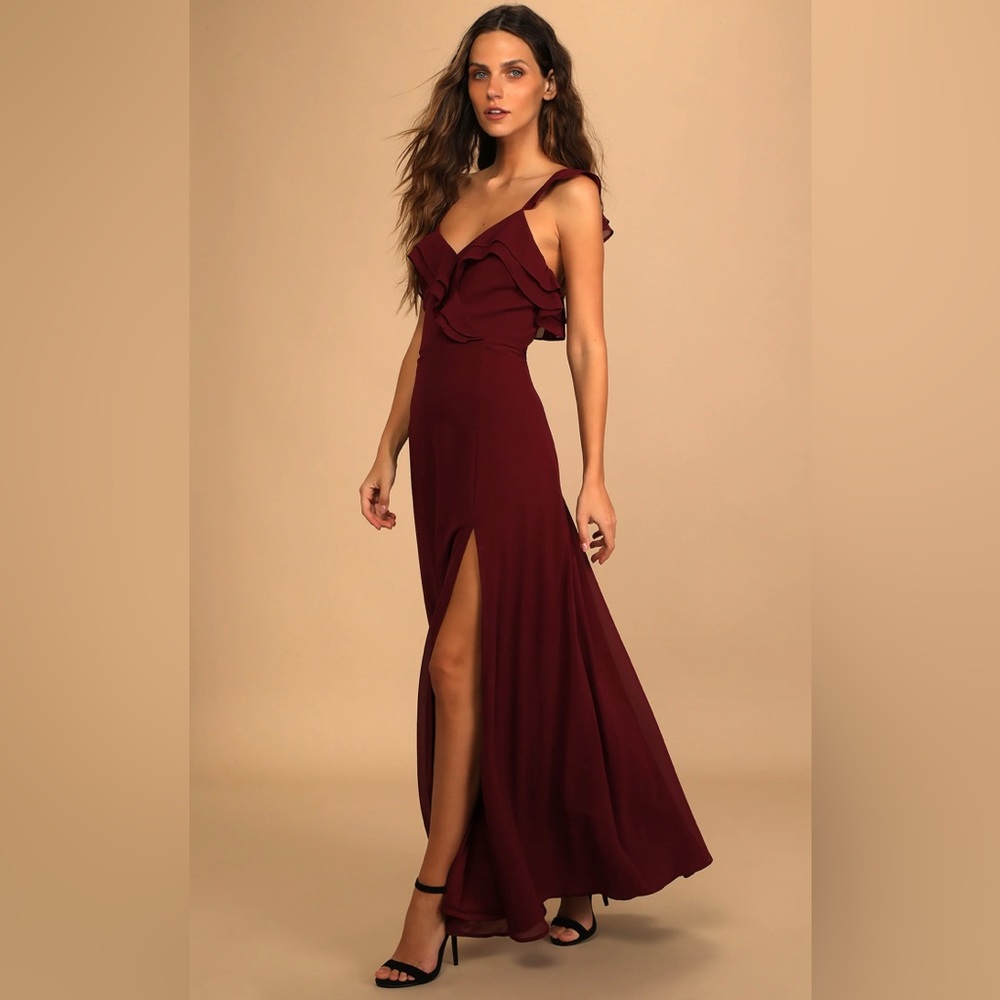 LULU’S Adoring Glances Burgundy Ruffle Maxi Dress